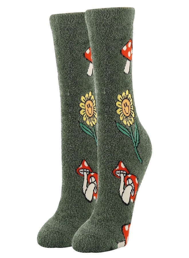 ooohyeah Funny Novelty Fuzzy Crew Socks for Women, Cozy Fluffy Warm Socks, Mushroom Fields, Size 5-10 - Image 1